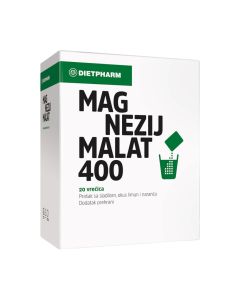 Dietpharm Magnezij malat 400 prašak 20 vrećica - dodatak prehrani s visokom dnevnom dozom magnezija u obliku magnezijevog malata (400 mg), vitaminom B6 i vitaminom D. Bijelo zeleno crna kutija na bijeloj pozadini.