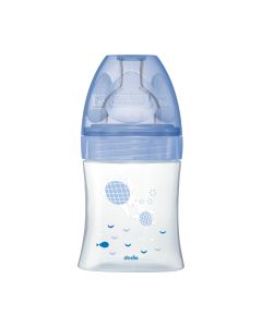 Dodie Plastična bočica + Anti-colic 0-6 mj s ravnim sisačem, 150 ml - plava bočica s kornjačama na bijeloj pozadini.