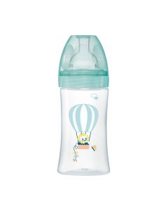 Dodie Plastična bočica + Anti-colic 0-6 mj s ravnim sisačem, 270 ml - zelena bočica s lavom u balonu na bijeloj pozadini.