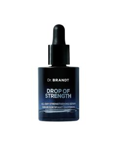 Dr. Brandt Drops of Strength Serum za jačanje i obnovu kože lica 30 ml - za jačanje s 91% sastojaka prirodnog podrijetla, poboljšava otpornost kože i poništava svakodnevnu štetu. Tamno crno plava bočica proizvoda na bijeloj pozadini.