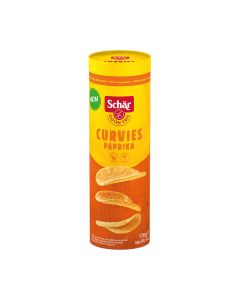 Dr. Schär Čips s paprikom - Curvies paprika 170 g - njihov krivudavi oblik drži puno okusa i zabave - ali bez palminog ulja i konzervansa, naravno! Tanki i hrskavi - i neodoljivi. Žuto narančasta tuba čipsa na bijeloj pozadini.