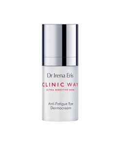 Dr. Irena Eris CLINIC WAY 1 + 2 umirujuća dermo-krema za područje oko očiju Hyaluronic 15 ml - za žene od 30+ hijaluronsko izglađivanje. Srebrno crvena bočica s pumpicom na bijeloj pozadini.