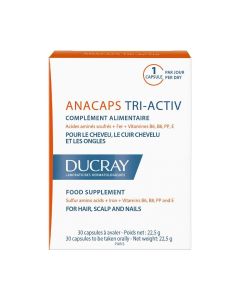 Ducray ANACAPS TRI AKTIV KAPSULE - Sadrže osnovne hranjive tvari za održavanje zdrave kose. Sadrži biotin koji doprinosi održavanju normalne kose i kože i niacin koji doprinosi održavanju normalne kože. Okus čokolada. Proizvod u bijeloj-narančastoj kutiji