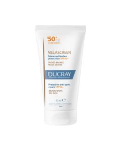 Ducray Melascreen zaštitna krema protiv hiperpigmentacijskih mrlja SPF50+ 50 ml - svakodnevno štiti od sunca i sprječava pojavu smeđih mrlja, za suhu kožu. Bijelo plavo smeđa tuba proizvoda na bijeloj pozadini.