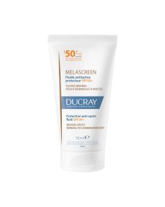 Ducray Melascreen zaštitni fluid protiv mrlja SPF50+ 50 ml - namijenjen je zaštiti kože od hiperpigmentacija izazvanih suncem. Svakodnevno štiti i sprječava pojavu smeđih mrlja. Bijelo plavo smeđa tuba proizvoda na bijeloj pozadini.