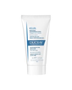 Ducray Kelual keratoreducirajuća emulzija 50 ml - tretman tjemenice i ljuskavih stanja kože kod dojenčadi. Bijelo plava tuba proizvoda na bijeloj pozadini.