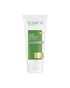 Elancyl SLIM DESIGN 45+ - Sveobuhvatna njega za smanjenje znakova starenja: preoblikuje konture i siluetu. Koža je popunjenija, zaglađena, zategnuta i zaštićena od starenja. Proizvod je u bijelo zelenoj tubi na bijeloj pozadini.