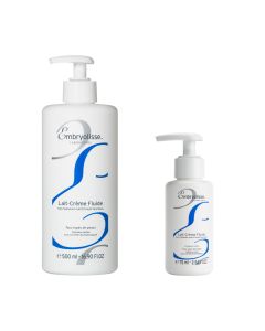 Embryolisse Lait-Crème Fluid - može se koristiti kao hidratacijski losion za tijelo, čistač za uklanjanje šminke s lica, losion za njegu kože nakon sunčanja i nakon uklanjanja dlačica. Bijelo plava bočica s pumpicom na bijeloj pozadini, dva volumena 75 ml