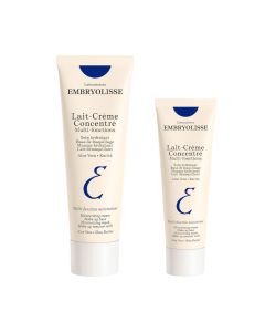 Embryolisse Lait-Crème Concentré - pruža iznimnu njegu te se može koristiti kao idealna podloga za šminku i pripremu tena, kao hidratacijska krema ili kao maska za njegu. Bijelo plava tuba proizvoda na bijeloj pozadini.