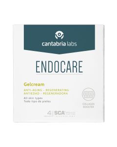 ENDOCARE Gelcream 30 ml - njezini sastojci pružaju snažnu hidratantnu, regenerirajuću i antioksidacijsku aktivnost koja smanjuje fotostarenje kože i ubrzava oporavak nakon dermatoloških tretmana. Bijelo zelena kutija proizvoda na bijeloj pozadini.