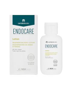 ENDOCARE Essential Lotion 100 ml - losion koji se može upotrebljavati kod iritacija kože nakon brijanja, depiliranja te kao after-sun losion za bolji oporavak kože. Bijelo zelena kutija i bočica proizvoda na bijeloj pozadini.