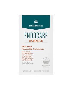 ENDOCARE Radiance Peel Mask 5 x 6 ml - gel maska ​​s aktivnim sastojcima koji rade piling, pročišćavaju i pružaju antioksidativno djelovanje za poboljšanje teksture kože. Bijelo zeleno narančasta kutija na bijeloj pozadini.