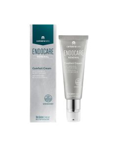 ENDOCARE Renewal Comfort Cream 50 ml - krema protiv starenja s umirujućim sastojcima za osjetljivu ili reaktivnu kožu. Početni režim za kožu koja nije priviknuta na korištenje retinoida. Srebrno zelena kutija i srebrno bijela tuba proizvoda na bijeloj poz