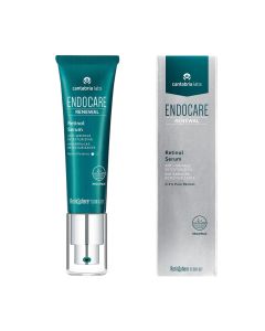 ENDOCARE Renewal Retinol Serum (0.2% Pure Retinol) 30 ml - visoka koncentracija retinoida u mikrospužvama omogućuje učinkovitu obnavljanje teksture kože i obnovu epidermisa. Srebrno zelena tuba i kutija proizvoda na bijeloj pozadini.