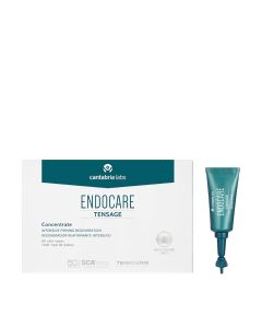 ENDOCARE Tensage Concentrate 10 x 2 ml - peptidi Tansderm pružaju blistavi, baršunasti ten uz visoki postotak SCA® od 50%, prirodnog, aktivnog, reparativnog sastojka. Bijelo zelena kutija proizvoda i tuba concentrata na bijeloj pozadini.