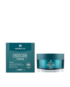 ENDOCARE Tensage Cream 30 ml - izuzetno bogata tekstura kreme sa snažnim regenerativnim i zaštitnim efektom pomaže u održavanju prirodne elastičnosti i čvrstoće kože. Zeleno bijela kutija i posudica proizvoda na bijeloj pozadini.