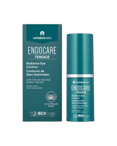 ENDOCARE Tensage Radiance Eye Contour 15 ml - lagani serum koji pomlađuje i uljepšava područje konture očiju. Mikropigmenti pružaju svjetlinu dok izglađuju nesavršenosti i tamne podočnjake. Zeleno bijela kutija i bočica proizvoda na bijeloj pozadini.