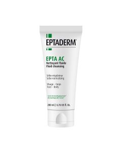 EPTADERM EPTA AC fluid za čišćenje 200 ml - nježno čisti i smanjuje nepravilnosti tako što smanjuje proliferaciju bakterija, smiruje iritacije i smanjuje crvenilo kože. Bijelo zelena tuba na bijeloj pozadini.