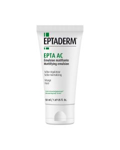 EPTADERM EPTA AC matirajuća emulzija 50 ml - smanjuje prekomjerno lučenje sebuma i kontrolira proliferaciju bakterija, osiguravajući dugotrajan matirajući učinak. Bijelo zelena tuba proizvoda na bijeloj pozadini.