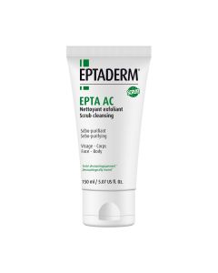 EPTADERM EPTA AC piling za čišćenje 150 ml - cjelovita i uravnotežena formula za korektivni i nježni učinak eksfolijacije, te za pripremu kože za njegu. Bijelo zelena tuba proizvoda na bijeloj pozadini.