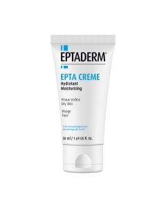 EPTADERM EPTA CREAM 50 ml - funkcionalni sastojci vraćaju koži odgovarajuću vlagu, glatkoću, elastičnost i osjećaj ugode. Može se koristiti i kao podloga za make-up. Bijelo plava tuba na bijeloj pozadini.