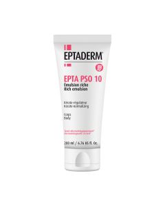 EPTADERM EPTA PSO 10 bogata emulzija 200 ml -  formula emulzije podupire uklanjanje ljuskica, smanjuje crvenilo i svrbež te pruža dugotrajnu hidrataciju. Bijelo roza tuba proizvoda na bijeloj pozadini.