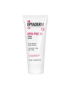 EPTADERM EPTA PSO 30 krema 100 ml - moćna krema koja smanjuje ljuštenje kože, posebice kod lokalnih zadebljanja kože i ljuskica, za korištenje na tjemenu i tijelu. Bijelo crvena tuba na bijeloj pozadini.