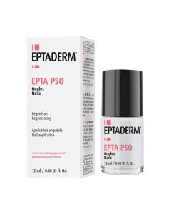 Eptaderm EPTA PSO lak za nokte 12 ml - Intenzivni regenerator noktiju s vidljivim abnormalnostima i lezijama, koji podržava farmakološke terapije. Bijelo crvena bočica i kutija proizvoda na bijeloj pozadini.