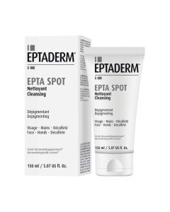 Eptaderm EPTA SPOT gel za čišćenje 150 ml - njega namijenjena čišćenju kože sklone hiperpigmentacijama. formula s učinkom posvjetljivanja pruža laganu eksfolijaciju. Bijelo sivo crna kutija i tuba proizvoda na bijeloj pozadini.