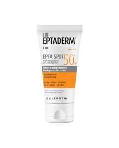 Eptaderm EPTA SPOT krema za zaštitu od sunca SPF 50+ 50 ml - pruža vrlo visoku zaštitu od UVA i UVB zraka, dok kontrolira i sprječava promjenu boje. Bijelo sivo narančasta tuba proizvoda na bijeloj pozadini.