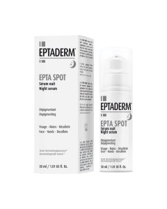 Eptaderm EPTA SPOT noćni serum 30 ml - za borbu protiv hiperpigmentacija kože. Vidljivo smanjuje postojeće hiperpigmentacije i sprječava nastanak novih. Bijelo sivo crna kutija i bočica s pumpicom na bijeloj pozadini.