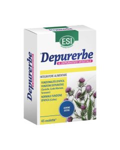 ESI Depurerbe 45 tableta - dodatak prehrani s ekstraktima ljekovitog bilja, kolinom, inozitolom, metioninom i vitaminom B6. Sadrži prah lista artičoke koji ima ulogu u detoksikaciji jetre. Bijelo zeleno žuta kutija proizvoda na bijeloj pozadini.