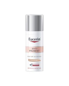 Eucerin Anti-Pigment dnevna tonirana njega SPF 30 srednje tamna nijansa 30 ml - trenutno smanjuje hiperpigmentacije i sprječava njihovo ponovno pojavljivanje. Bijelo srebrna bočica s pumpicom na bijeloj pozadini.