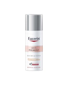 Eucerin Anti-Pigment Dnevna tonirana njega SPF 30 svijetla nijansa 30 ml - djeluje na pojavu hiperpigmentacije smanjenjem proizvodnje melanina. Bijelo srebrna bočica s pumpicom na bijeloj pozadini.