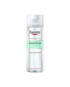 Eucerin Dermopure micelarna otopina, 200 ml - čisti masnu i aknama sklonu kožu, nježno i djelotvorno uklanja viška sebuma, nečistoće i šminku, ostavljajući čistu kožu. Bijelo zelena boca proizvoda na bijeloj pozadini.