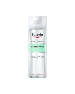 Eucerin Dermopure micelarna otopina, 200 ml - čisti masnu i aknama sklonu kožu, nježno i djelotvorno uklanja viška sebuma, nečistoće i šminku, ostavljajući čistu kožu. Bijelo zelena boca proizvoda na bijeloj pozadini.