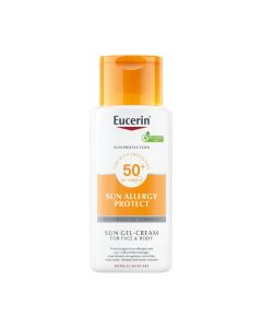 Eucerin Gel-krema za zaštitu kože osjetljive na sunce SPF 50+ 150 ml - posebno formulirana za kožu sklonu alergijama od sunca kao što je polimorfna svjetlosna erupcija (PLE). Narančasto bijela boca proizvoda na bijeloj pozadini.