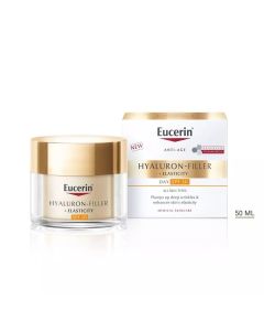 Eucerin Hyaluron-Filler + Elasticity dnevna njega SPF 30 50 ml - Anti-age dnevna krema za zrelu kožu s SPF 30 i UVA zaštitom. Poboljšava elastičnost i ispunjava duboke bore. Zlatna posudica i kutija proizvoda na bijeloj pozadini.