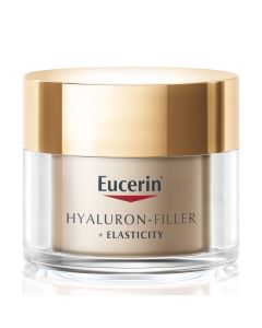Eucerin Hyaluron-Filler + Elasticity noćna njega 50 ml - noćna krema je anti-age noćna krema koja ispunjava duboke bore i poboljšava elastičnost kože. Zlatna posudica na bijeloj pozadini.