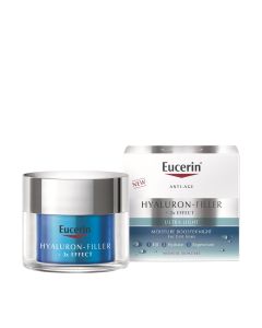 Eucerin Hyaluron-Filler hidratantni booster za noćnu njegu 50 ml - Iznimno lagana gel tekstura noćne njege pruža trenutnu hidraciju, smanjuje fine linije i prve bore. Srebrno plava posudica i kutijica hidratantnog noćnog boostera na bijeloj pozadini.