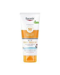 Eucerin Sensitive Protect Kids Dry Touch Sun Gel-Krema SPF50+ 200 ml - vrlo visoka zaštita od sunca sa SPF50+ pogodna za osjetljivu dječju kožu od 3 mjeseca starosti. Bijelo narančasta tuba proizvoda na bijeloj pozadini.