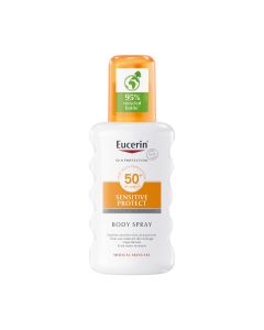 Eucerin Sensitive Protect sprej za zaštitu kože od sunca SPF 50+ 200 ml - za tijelo umiruje i štiti osjetljivu kožu, prikladan je i za atopijsku kožu. Bez mirisa je i otporan na vodu. Bijelo narančasto zelena bočica sa špricom na bijeloj pozadini.