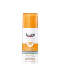 Eucerin Krema Gel Oil Control tamna nijansa SPF50+ - štiti masnu kožu i kožu sklonu aknama od oštećenja kože uzrokovanih suncem uz naprednu spektralnu tehnologiju i HEVIS svjetlosnu obranu za vrlo visoku UV zaštitu, nudeći 12-satnu kontrolu ulja i sjaj. P