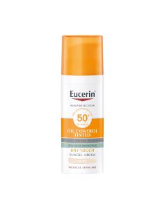 Eucerin Krema Gel Oil Control svijetla nijansa SPF50+ - štiti masnu kožu i kožu sklonu aknama od oštećenja kože uzrokovanih suncem uz naprednu spektralnu tehnologiju i HEVIS svjetlosnu obranu za vrlo visoku UV zaštitu, nudeći 12-satnu kontrolu ulja i sjaj