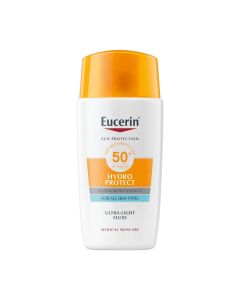 Eucerin Sun Hydro Protect fluid SPF50+ - NOVO 50 ml - ultra lagani fluid za zaštitu lica od sunca za sve tipove kože, čak i za osjetljivu kožu. Bijelo žuta boca proizvoda na bijeloj pozadini.