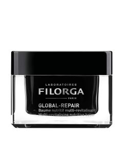 Filorga GLOBAL-REPAIR multi-revitalizirajući hranjivi balzam 50 ml - formula obogaćena dragocjenom kamelijom i uljem noćurka, koje hrane i revitaliziraju kožu. Crna posudica proizvoda na bijeloj pozadini.