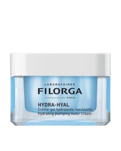 Filorga HYDRA-HYAL GEL KREMA matirajuća hidratantna krema 50 ml - sadrži 5 vrsta hijaluronske kiseline, dubinski hidratizira i istovremeno sprječava starenje kože, za normalnu do mješovitu kožu. Bijelo plava posudica kreme na bijeloj pozadini.