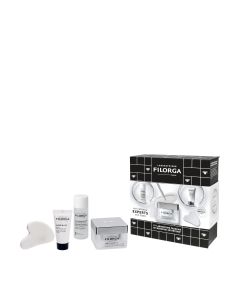 Filorga Set protiv bora 2023 - MICELARNA VODA za čišćenje 50 ml, TIME-FILLER 5XP KREMA 15 ml, SLEEP & LIFT ultra-lifting noćna krema 50 ml + GUA SHA kamen. Crno bijela kutija seta i proizvodi iz seta na bijeloj pozadini.