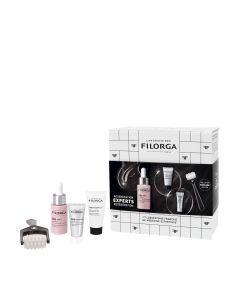 Filorga Set za obnavljanje 2023 - NCEF-SHOT 15 ml, TIME-FILLER 5XP KREMA 15 ml, NCEF NOĆNA MASKA 7 ml + Valjak za masažu lica. Bijelo crna kutija seta i proizvodi ispred kutije na bijeloj pozadini.