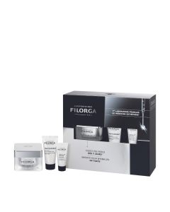 Filorga TIME-FILLER 5XP Set 2023 - TIME-FILLER INTENSIVE 7 ml, TIME-FILLER 5XP KREMA 50 ml, TIME FILLER NIGHT anti-age noćna krema 15 ml. Crno bijela kutija seta i proizvodi ispred nje na bijeloj pozadini.